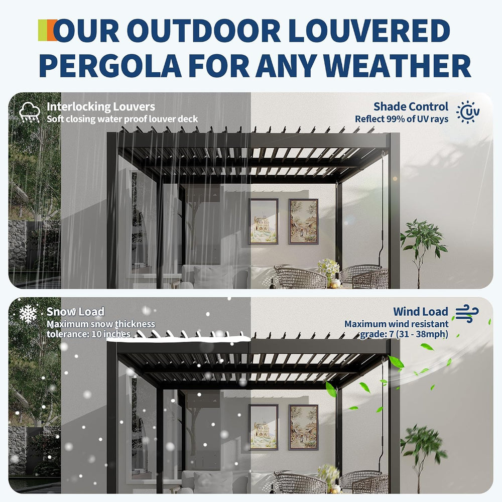 10x12 FT Louvered Pergola, Outdoor Pergola With Adjustable Louvered Roof, Lar...