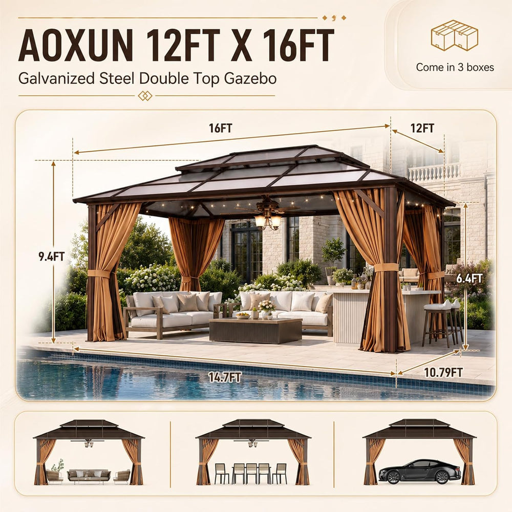 Aoxun 12'x16' Outdoor Gazebo with Double Polycarbonate Roof Brown