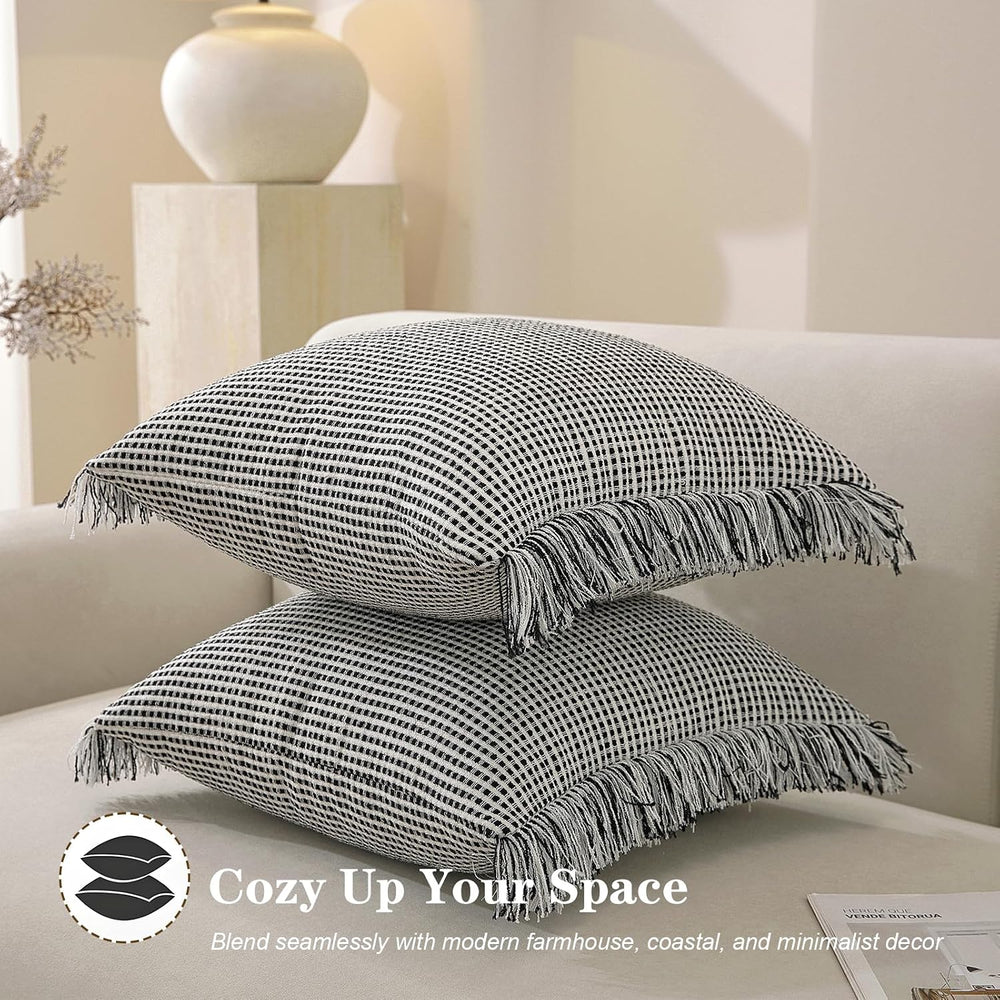 Boho Throw Pillow Covers 20x20 Set of 2 Soft Cotton Striped Fringe Pillow Cov...