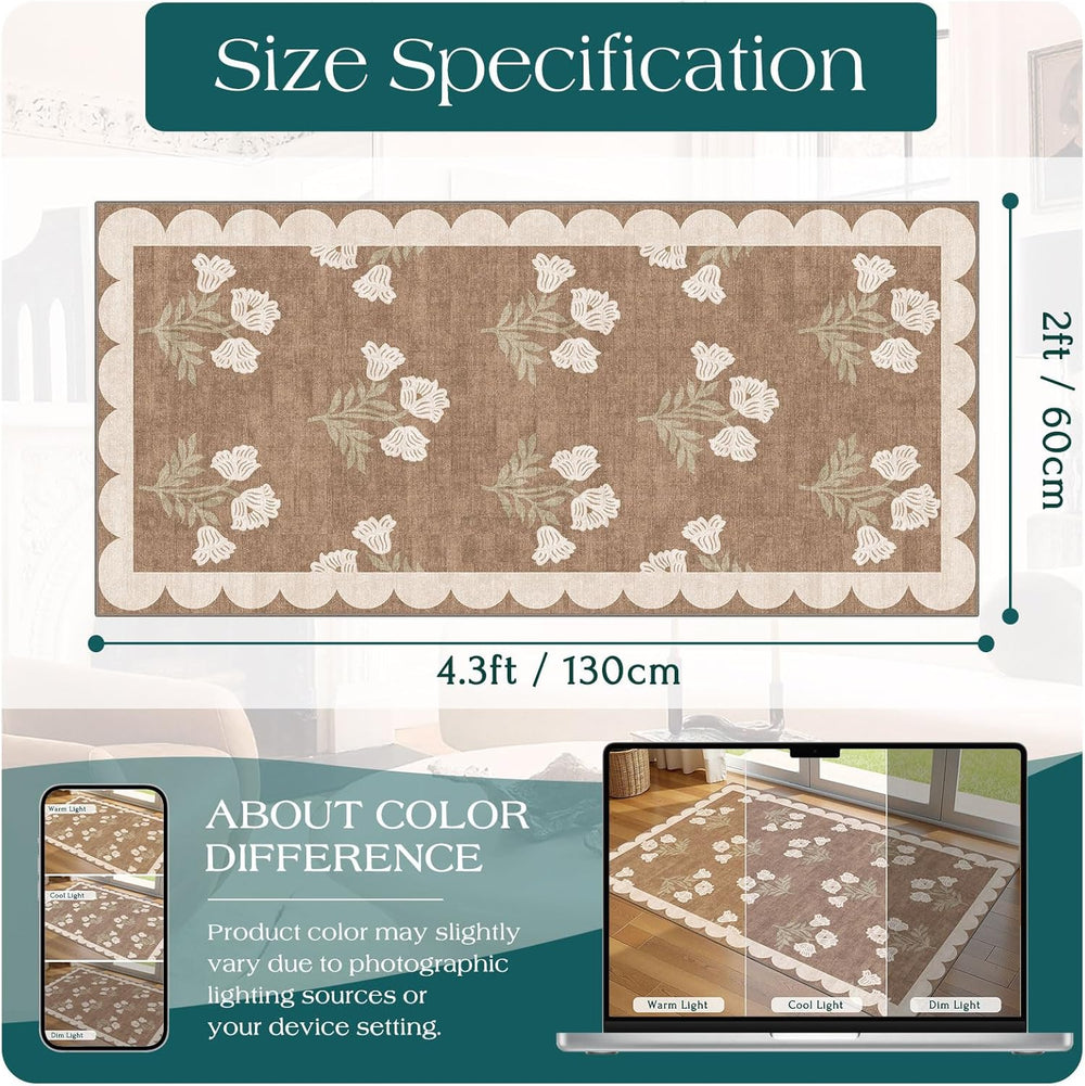 Front Door Mat Indoor Entrance, 2x4.3 Tan Boho Floral Farmhouse Rug