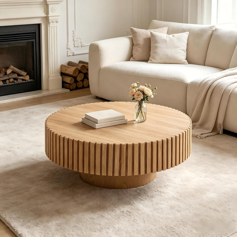 KEVINSPACE Round Coffee Table, 39" Big Wooden Fluted Coffee Table with F...