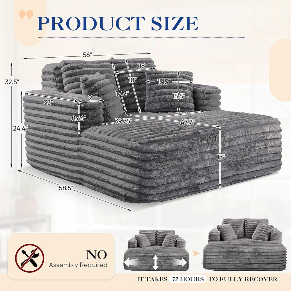 Oversized Chaise Lounge Indoor, Modern Plush Faux Fur Fabric Deep Seat Bonele...