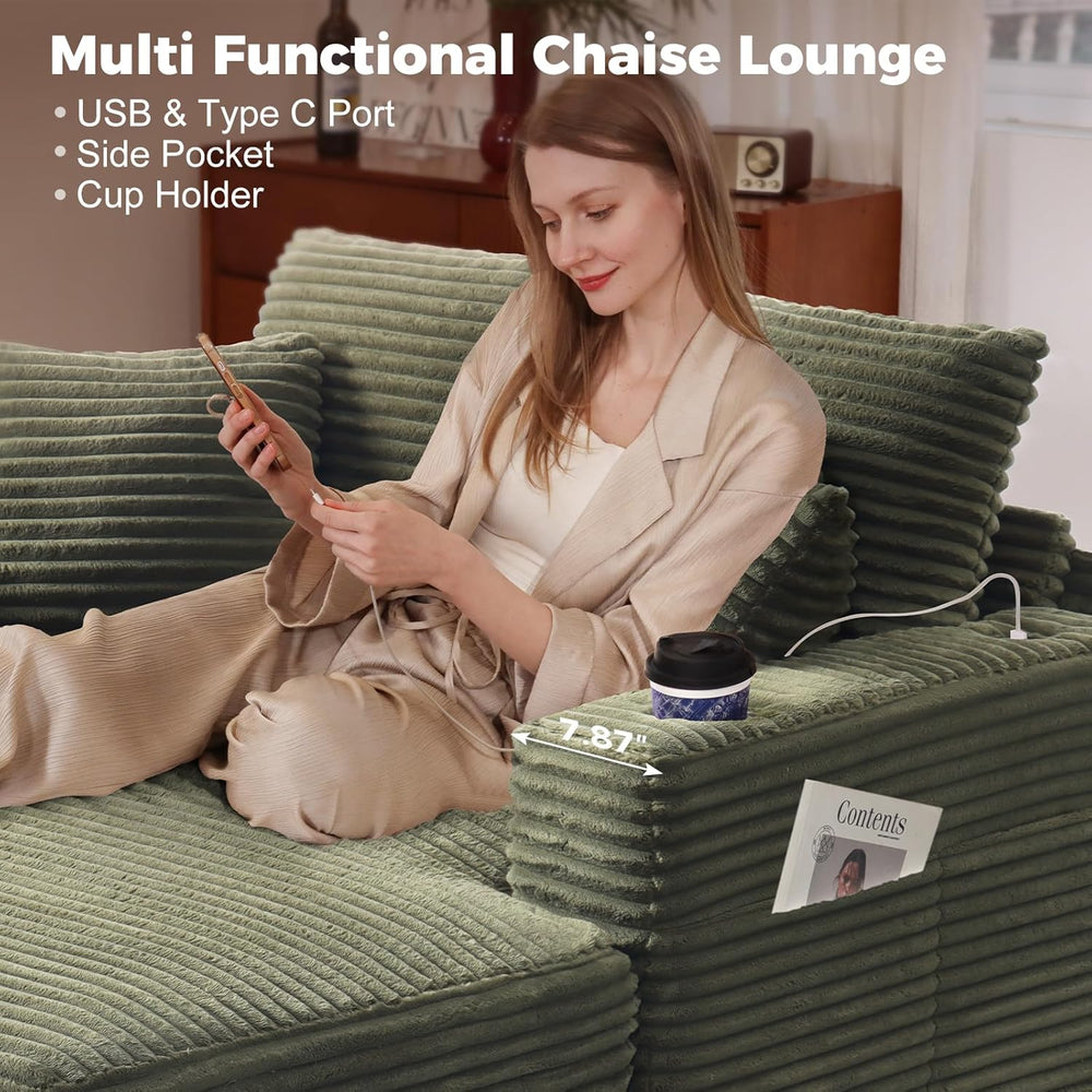 60" Oversized Chaise Lounge Chair with Wood Frame, USB Charging Port, Green