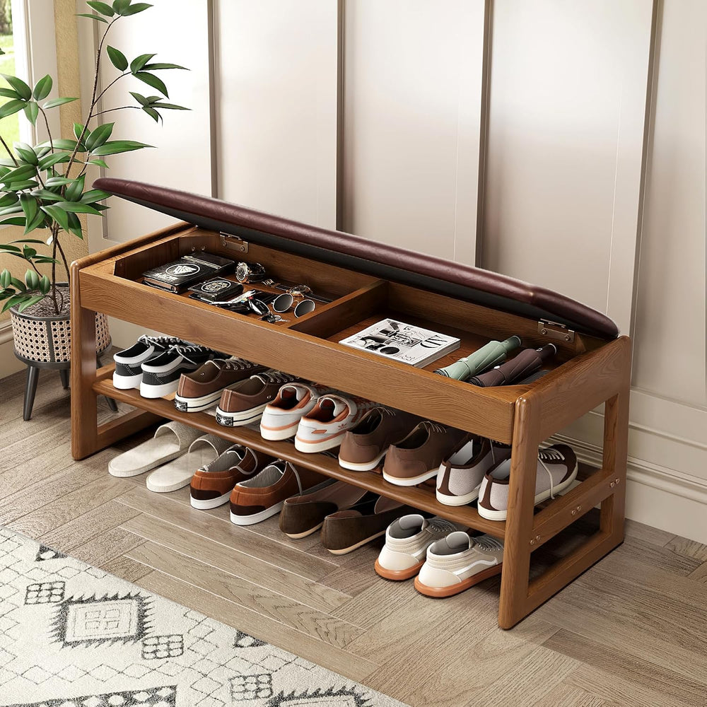 Shoe Rack Bench with Hidden Storage, 2-Tier Solid Rubberwood Entryway Bench w...