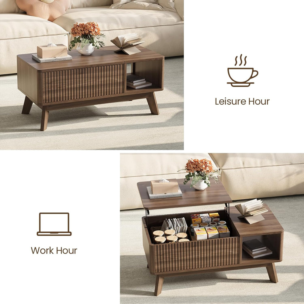Lift Top Coffee Table, Fluted Hidden Storage Table for Living Room, Walnut