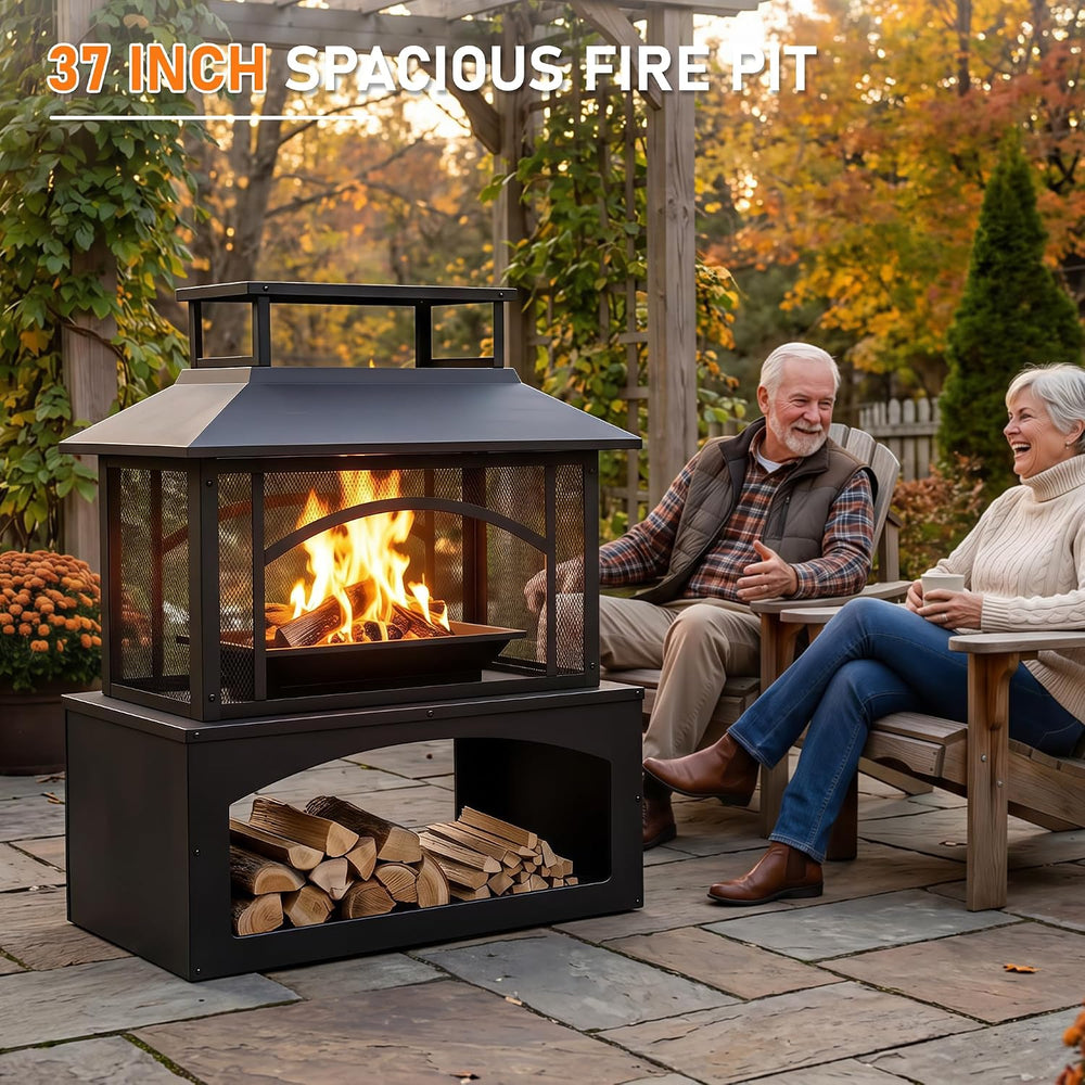 Aoxun 36" Outdoor Fire Pit with Wood Storage, Steel Wood Burning Firepla...