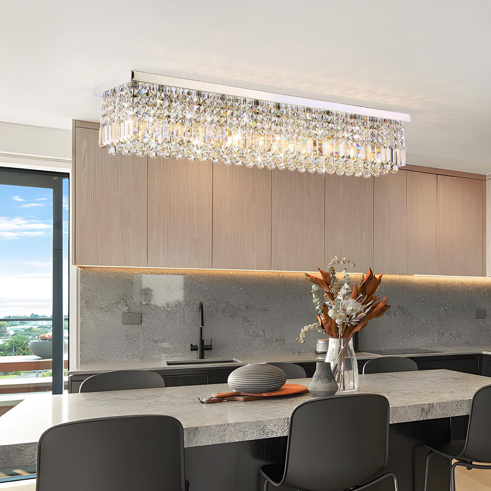 12-Lights Crystal Chandeliers Modern Crystal Rectangular Flush Mount Chandeli...