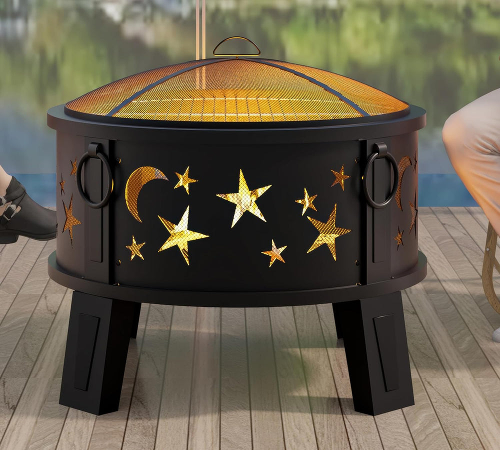 Kingson 26" Outdoor Fire Pit with Grill & Mesh Cover, Wood Burning S...