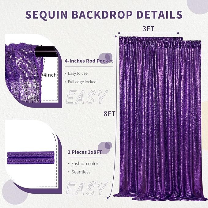 Purple Halloween Backdrop - Sequin Backdrop 2 Pieces 3x8FT Purple Glitter Dra...