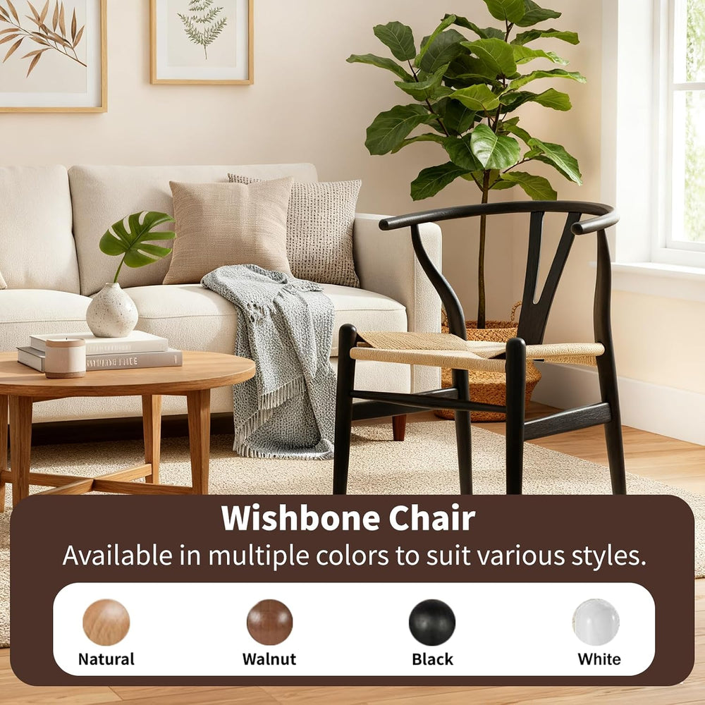 Wishbone Chairs Set of 4, Dining Chairs (Black Frame + Natural Cord)