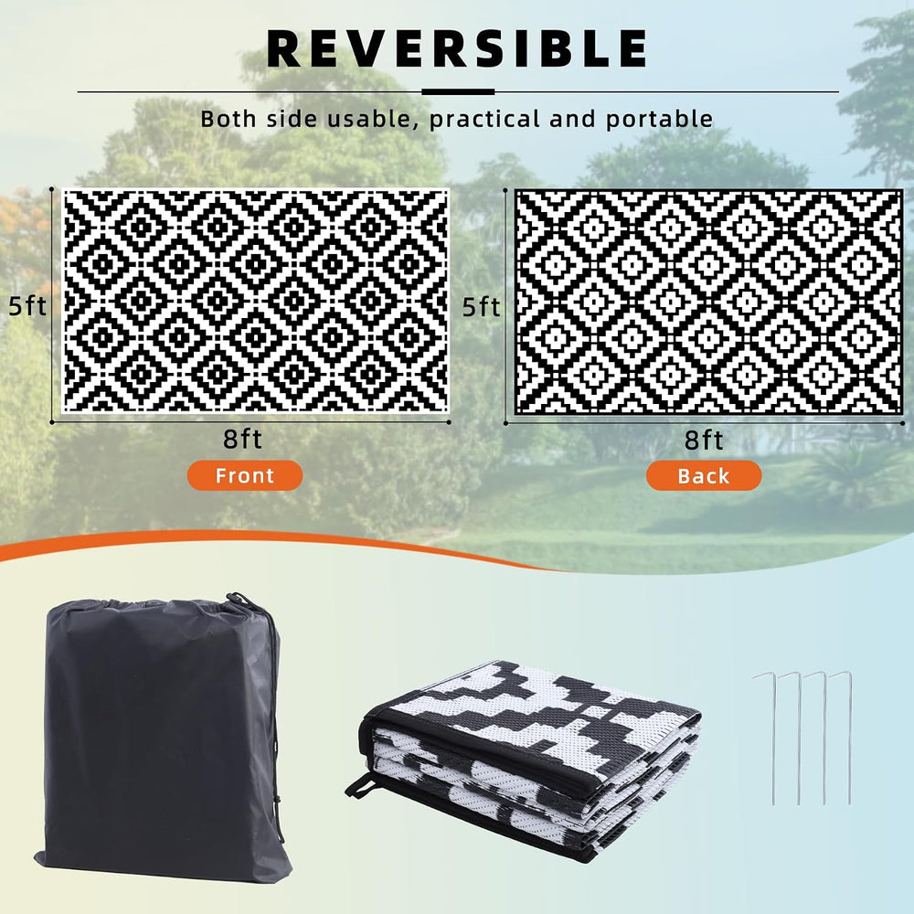 Favoyard Outdoor Rug Black & White 5x8 ft Waterproof Reversible Carpet Mat