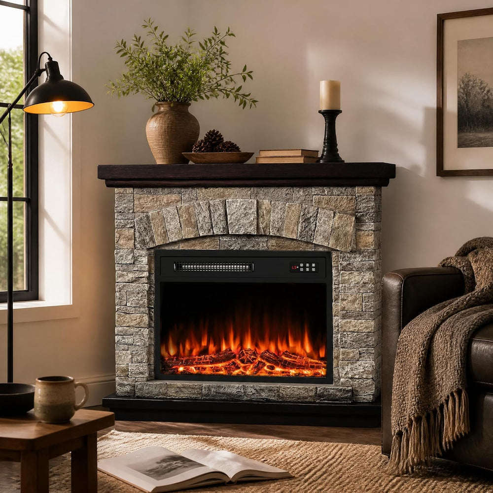 PUKAMI 36 inch Electric Fireplace with Mantel, Realistic Stone Finish Freesta...
