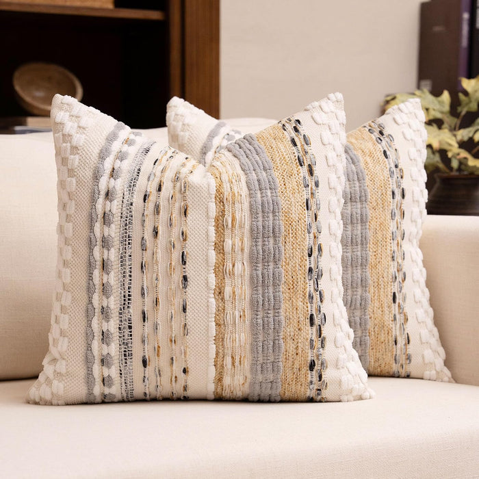 Boho Chenille Tufted Throw Pillow Covers 18x18 Inch Set of 2 Farmhouse Beige Woven Striped Decorative Pillowcases for Couch Sofa Bed