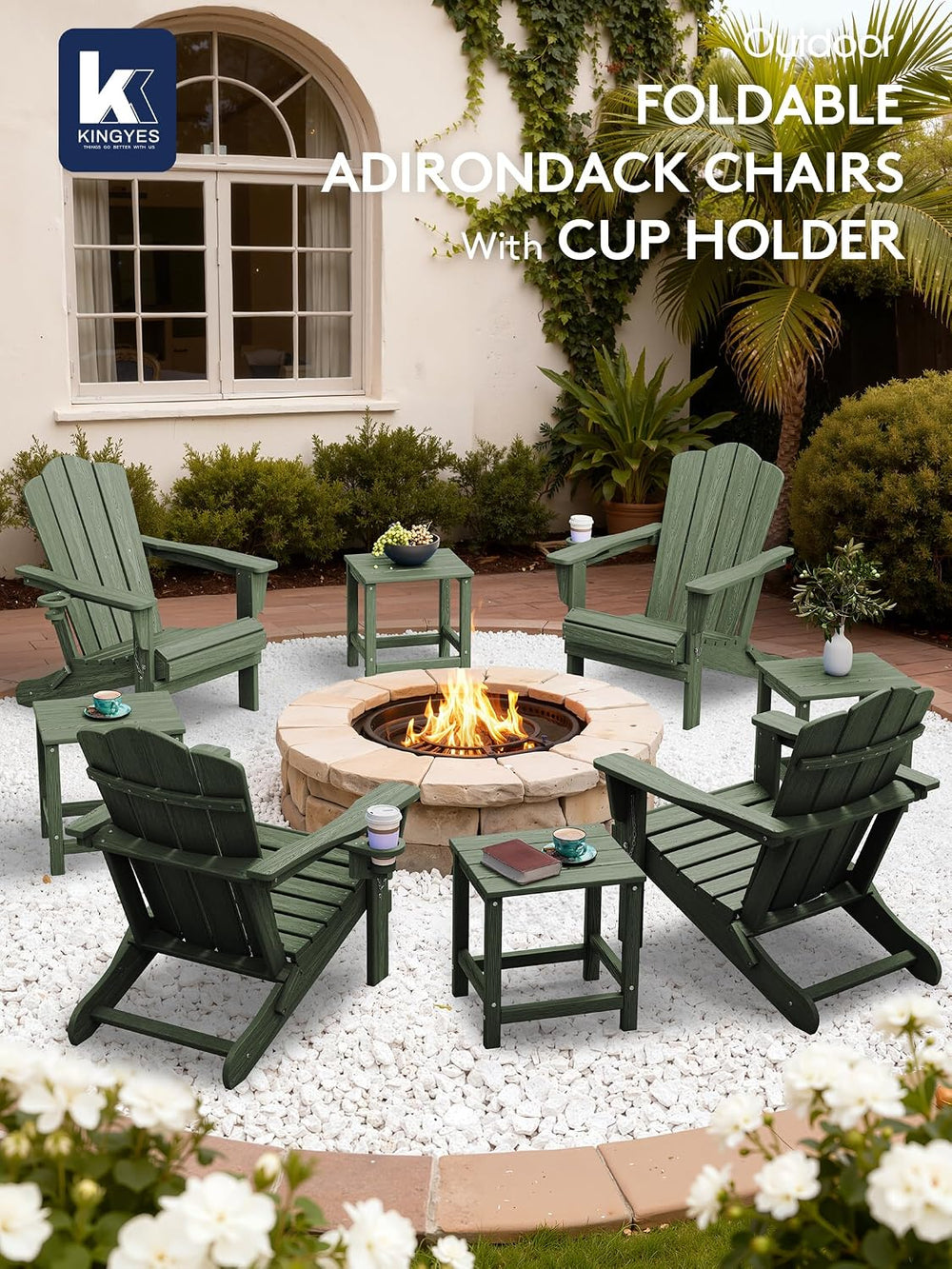 KINGYES Folding Adirondack Chair Set of 2 with Cup Holder, Avocado