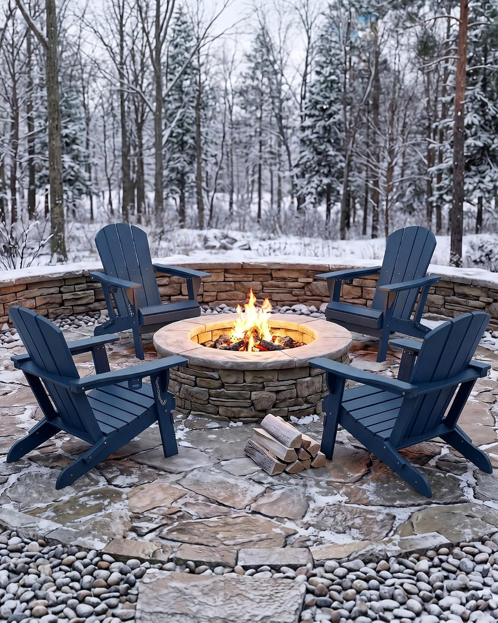 PLUUV Adirondack Chair Set of 4, Fire Pit Chairs with Cup Holder, Navy