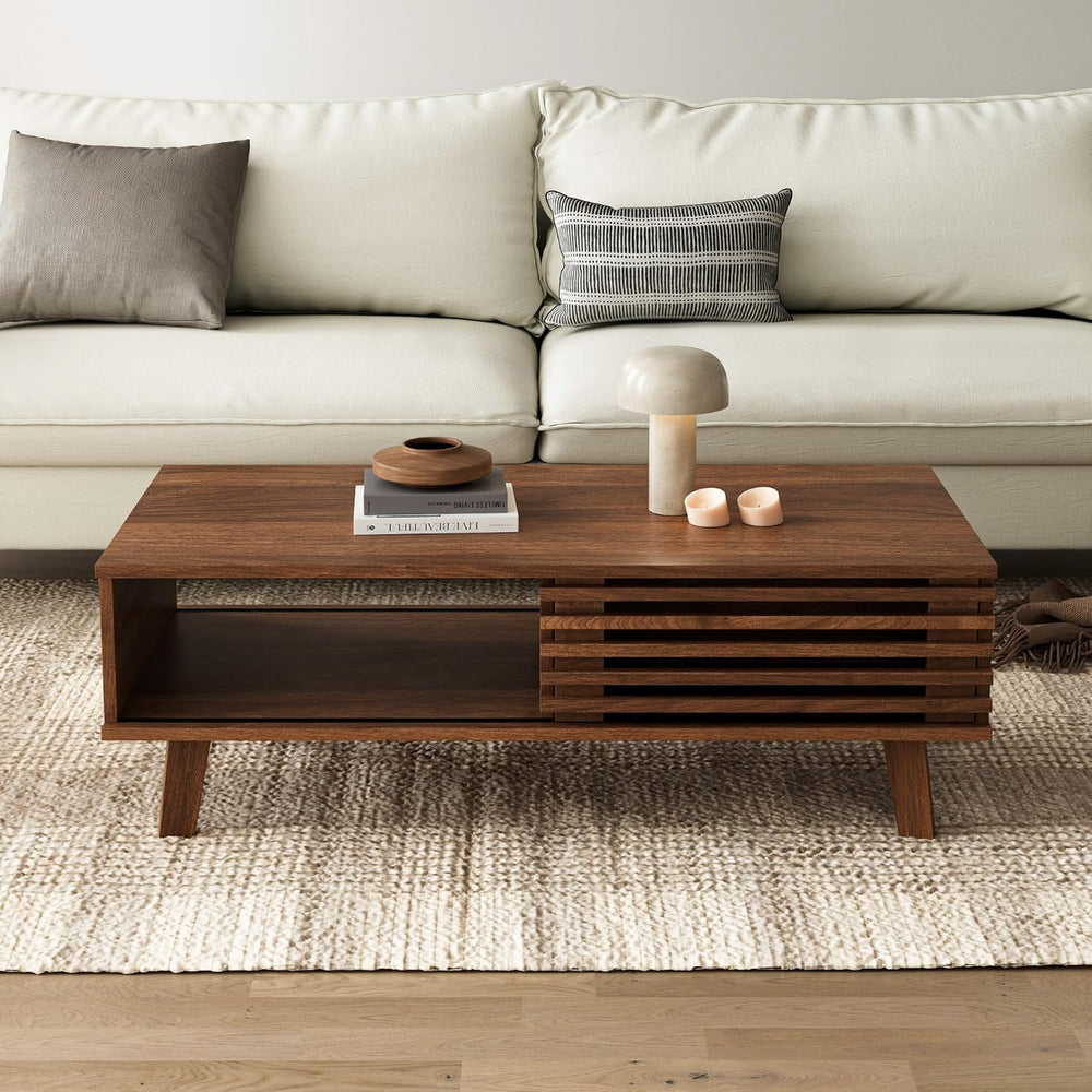 Mid Century Modern Coffee Table, Wood Coffee Table with Storage, Walnut