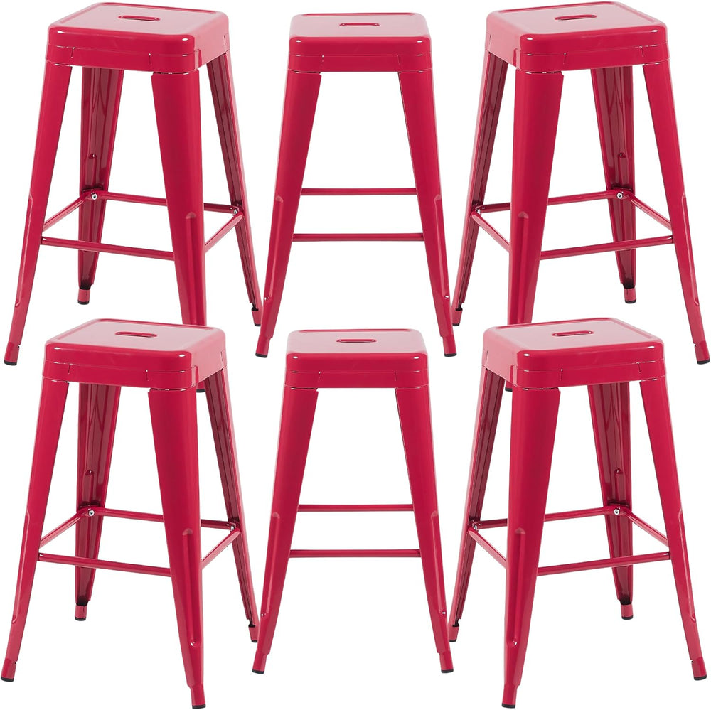 30 Inch Red Metal Bar Stools, Set of 6, Backless