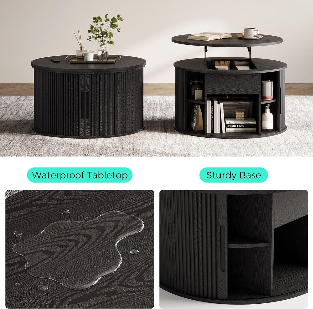 LINSY Lift Top Coffee Table, Round Fluted Coffee Table with Storage, Mid Cent...