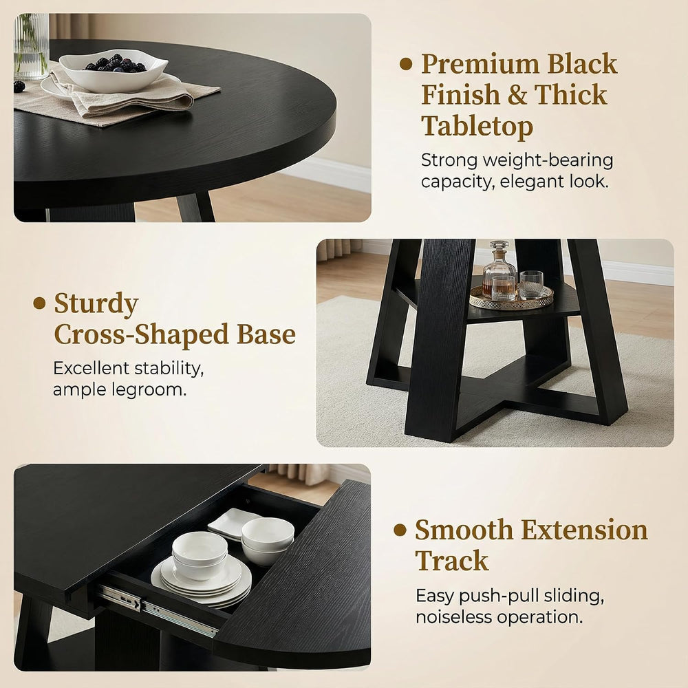 Round Extendable Dining Table Set for 6, 43"-59" Black Expandable K...