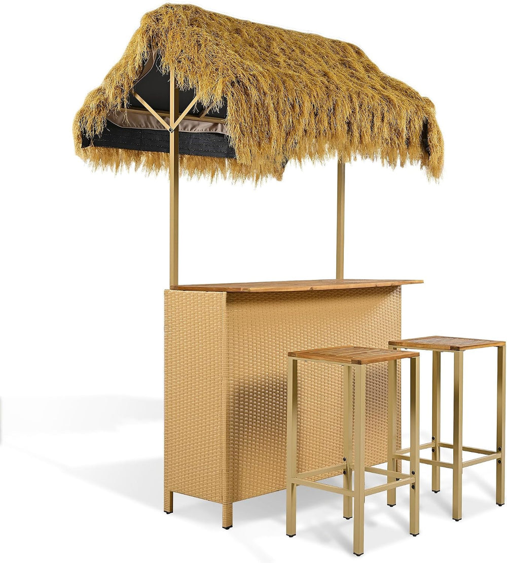 Outdoor Tiki Bar Set - 3 Piece Phuket Patio Wicker Islander Tiki Bar and 2 St...