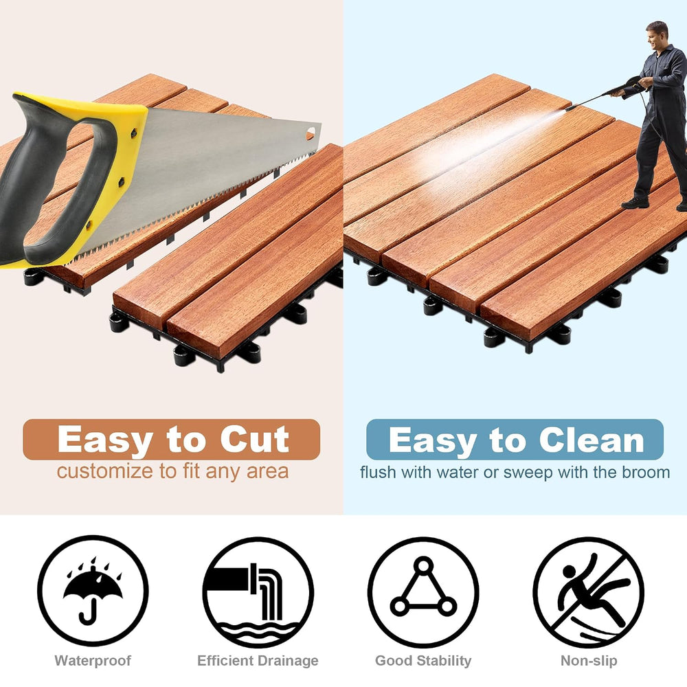 PrimeZone 108 PCS Solid Acacia Wood Interlocking Deck Tiles, Natural Wood