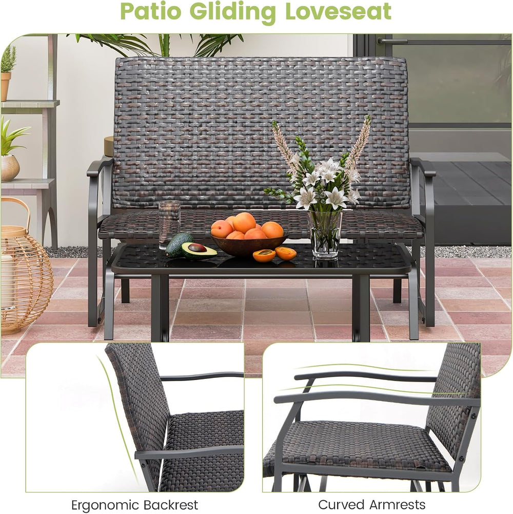 Tangkula Outdoor Rattan Glider Bench, 2-Person All Weather Resistant Glider L...