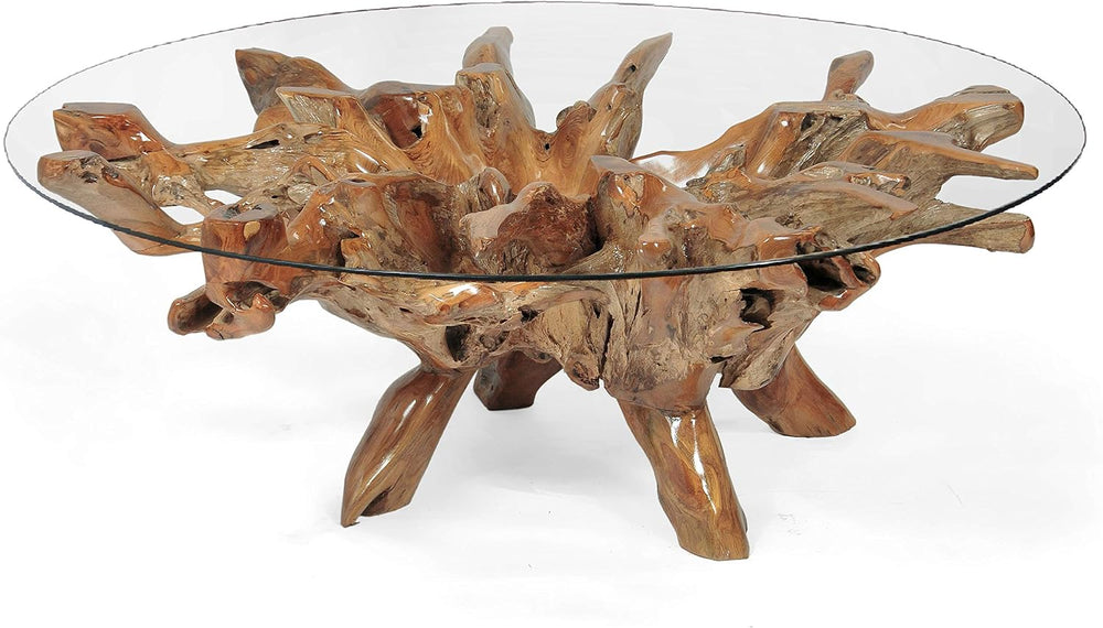 CHIC TEAK Genuine Teak Wood Root Coffee Table Including 55 Inch Round Glass T...