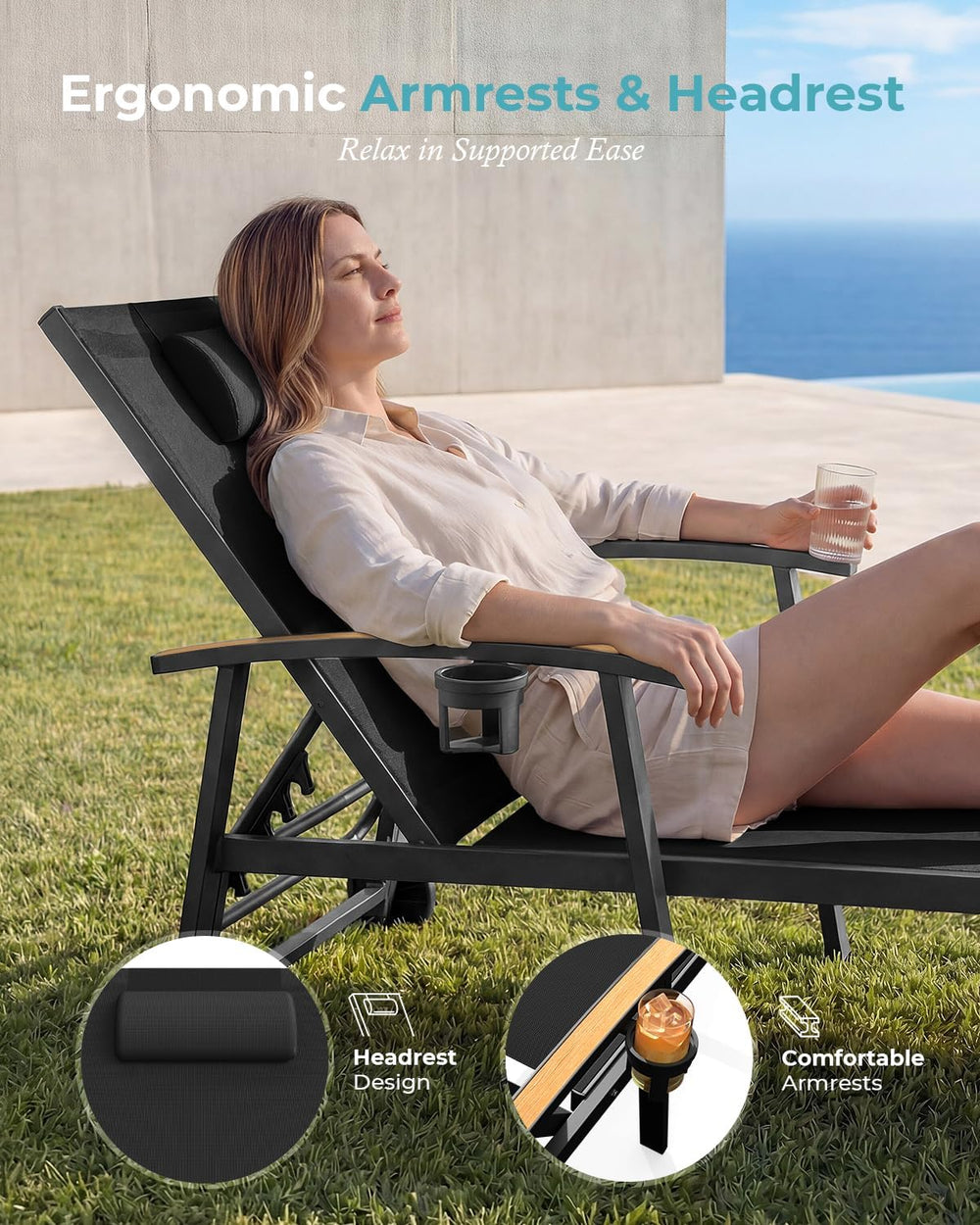 Ciokea Outdoor Lounge Chair with Pillow, 5-Position Aluminum Chaise Lounge wi...