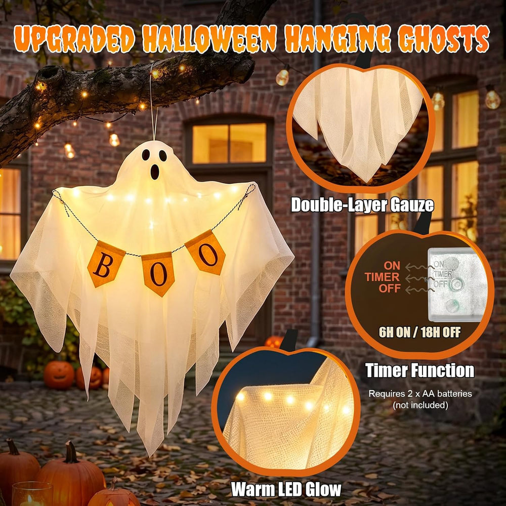 4 Pack Lighted Hanging Ghost Decorations with Timer for Halloween Decor