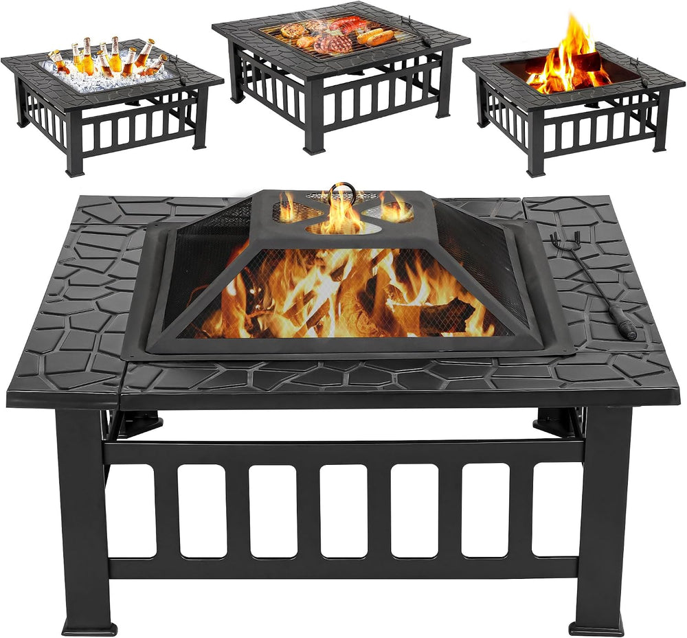 32 Inch Outdoor Fire Pit with Spark Screen Lid and Waterproof Cover, Square M...