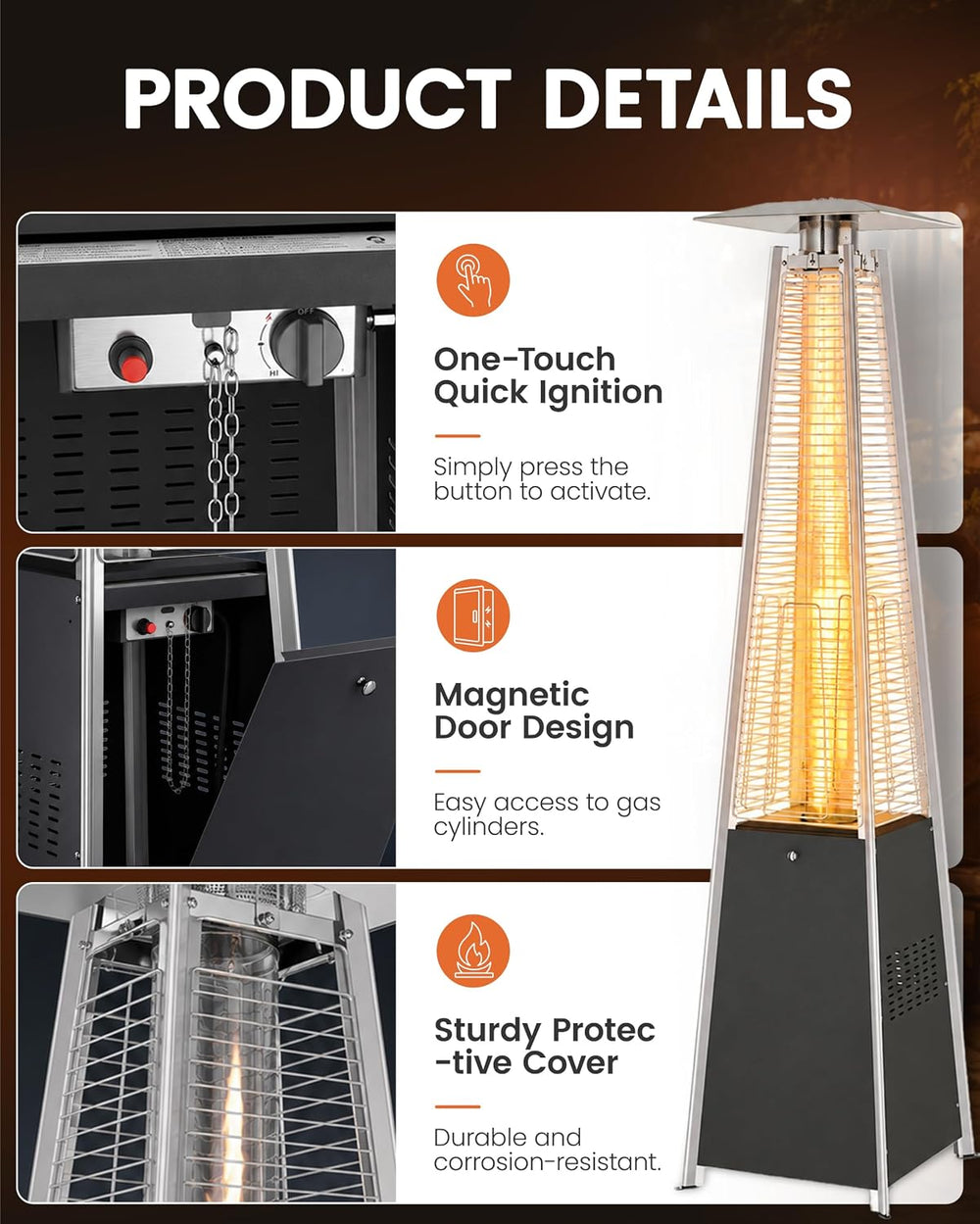 NAVINE 48,000 BTU Pyramid Patio Heater with Wheels, Cover, Dark Black