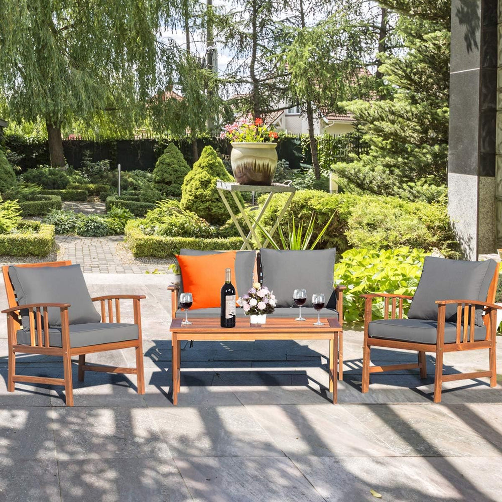 Tangkula 4 Pieces Acacia Wood Patio Furniture Set, Outdoor Seating Chat Set w...