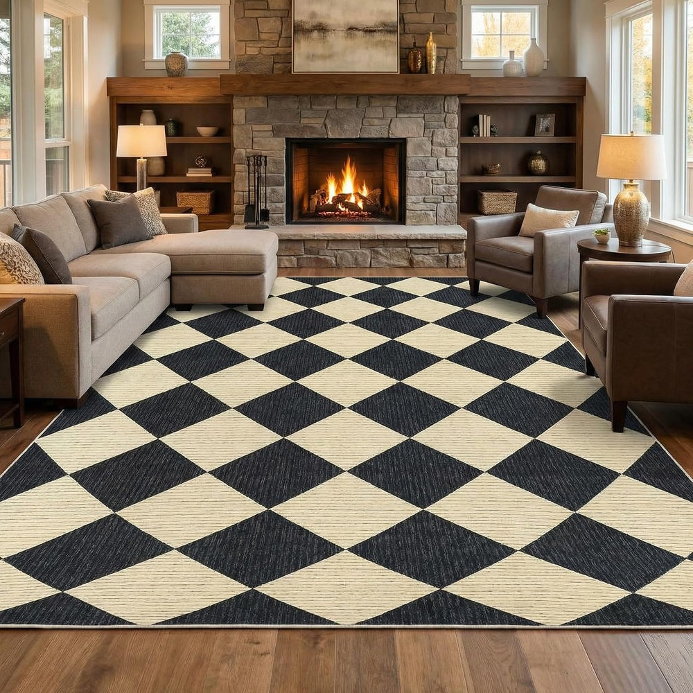 GarveeHome Area Rugs 8x10 for Living Room Black Checkered Washable Rug