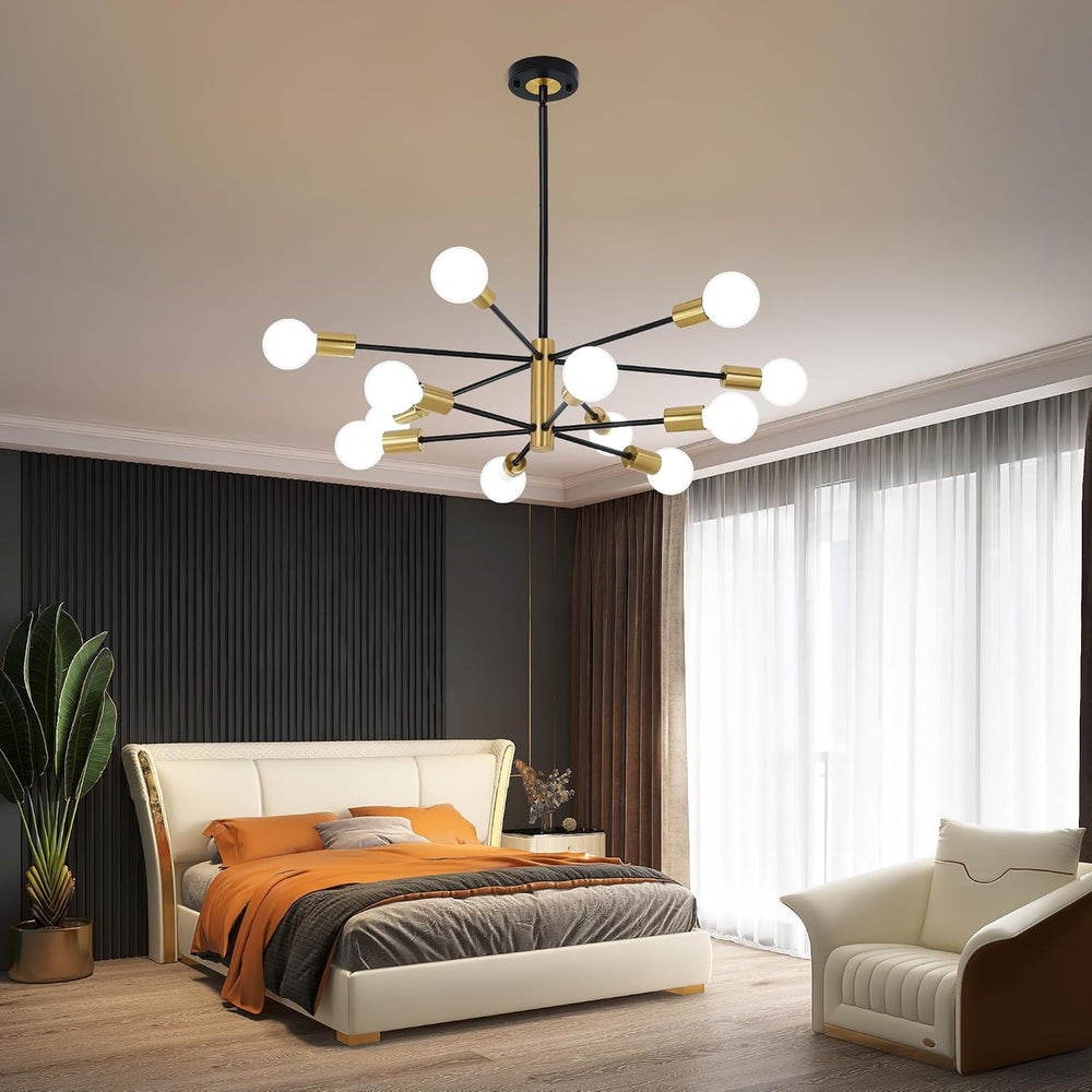 12-Light Modern Sputnik Chandelier, Mid Century Black Gold Ceiling Chandelier...