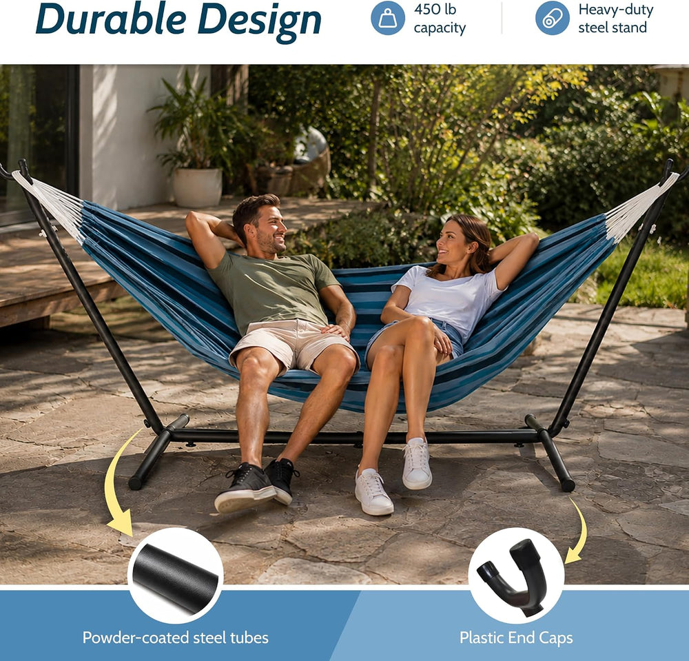 Vivere Double Cotton Hammock, Space Saving Steel Stand, Blue Lagoon, 9 Ft