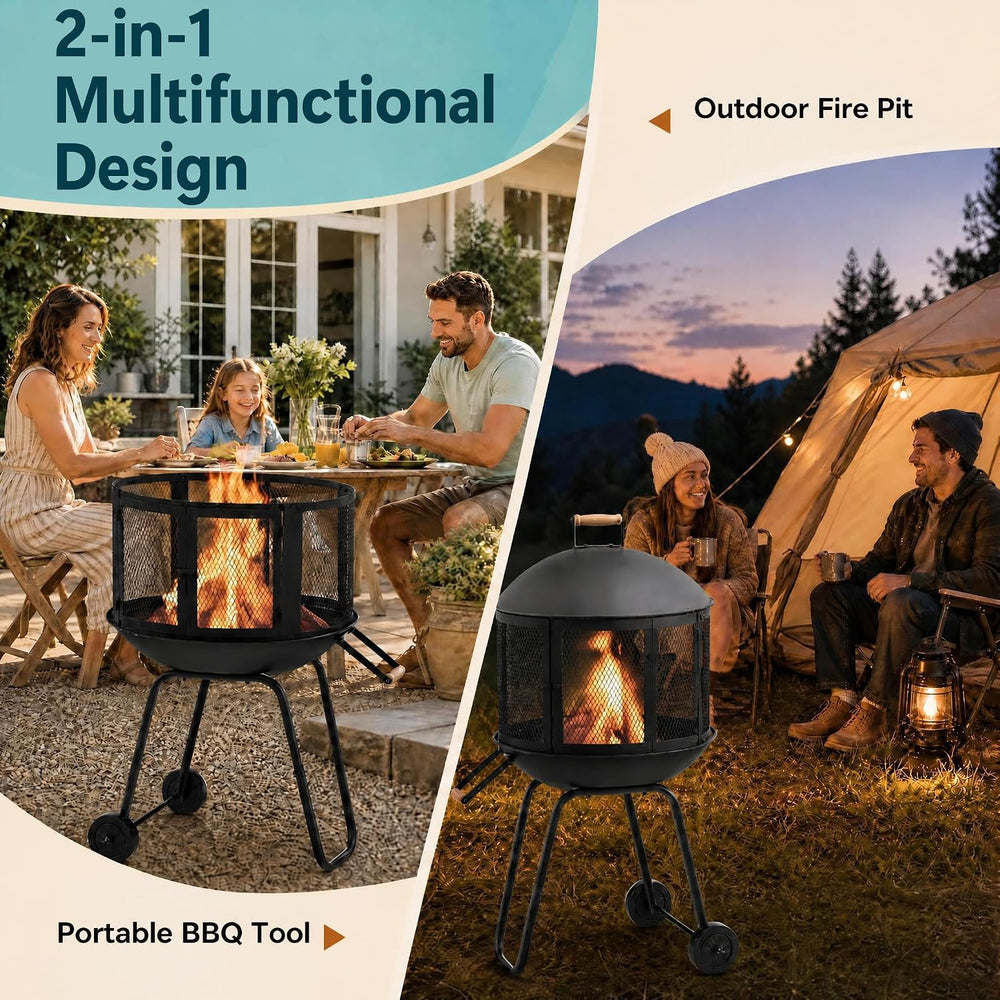 HAPPYGRILL 28” Outdoor Fire Pit with Lockable Doors, Fire Poker & Wheels