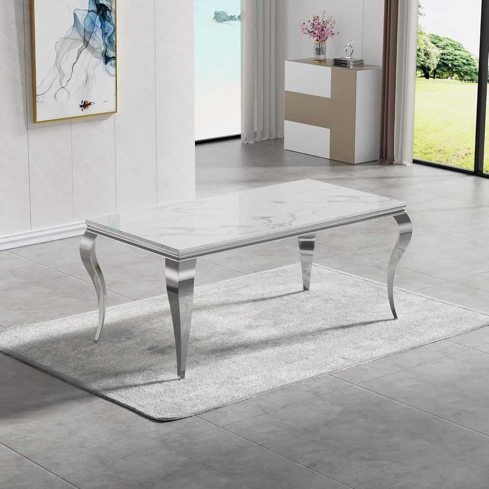 Henf 7 Piece Marble Dining Table Set for 6, 68" Modern Kitchen Dining Ro...