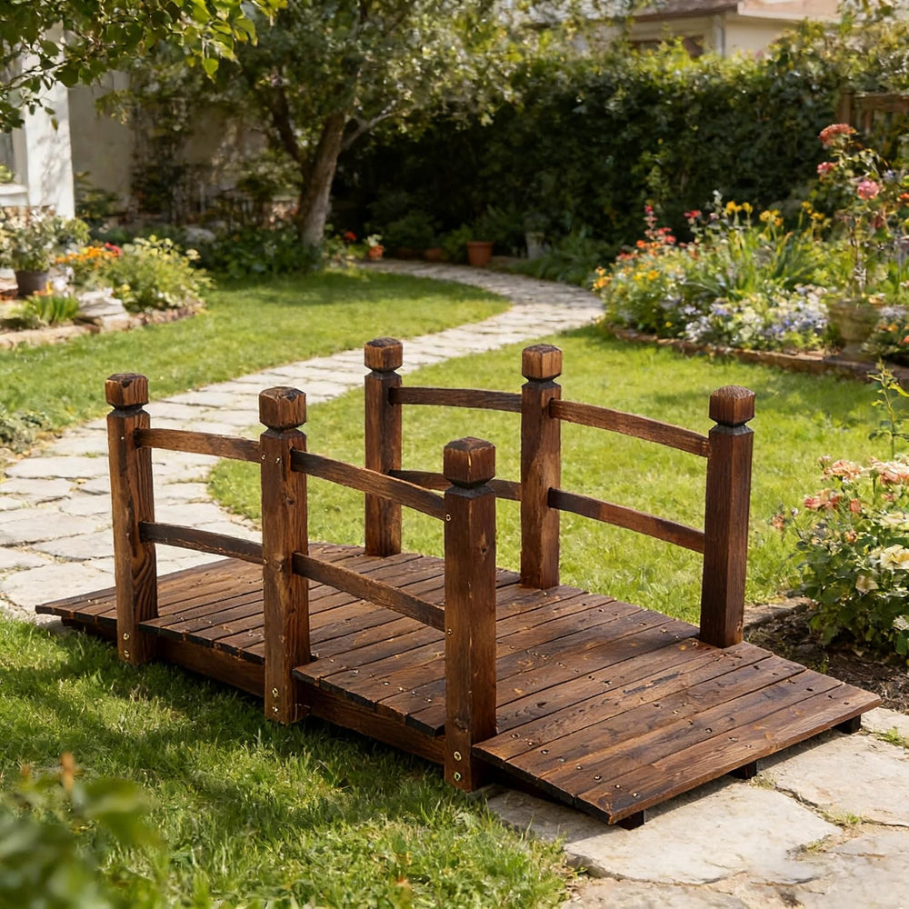 5FT Wooden Garden Bridge with Handrails, Decorative Landscape Footbridge for ...