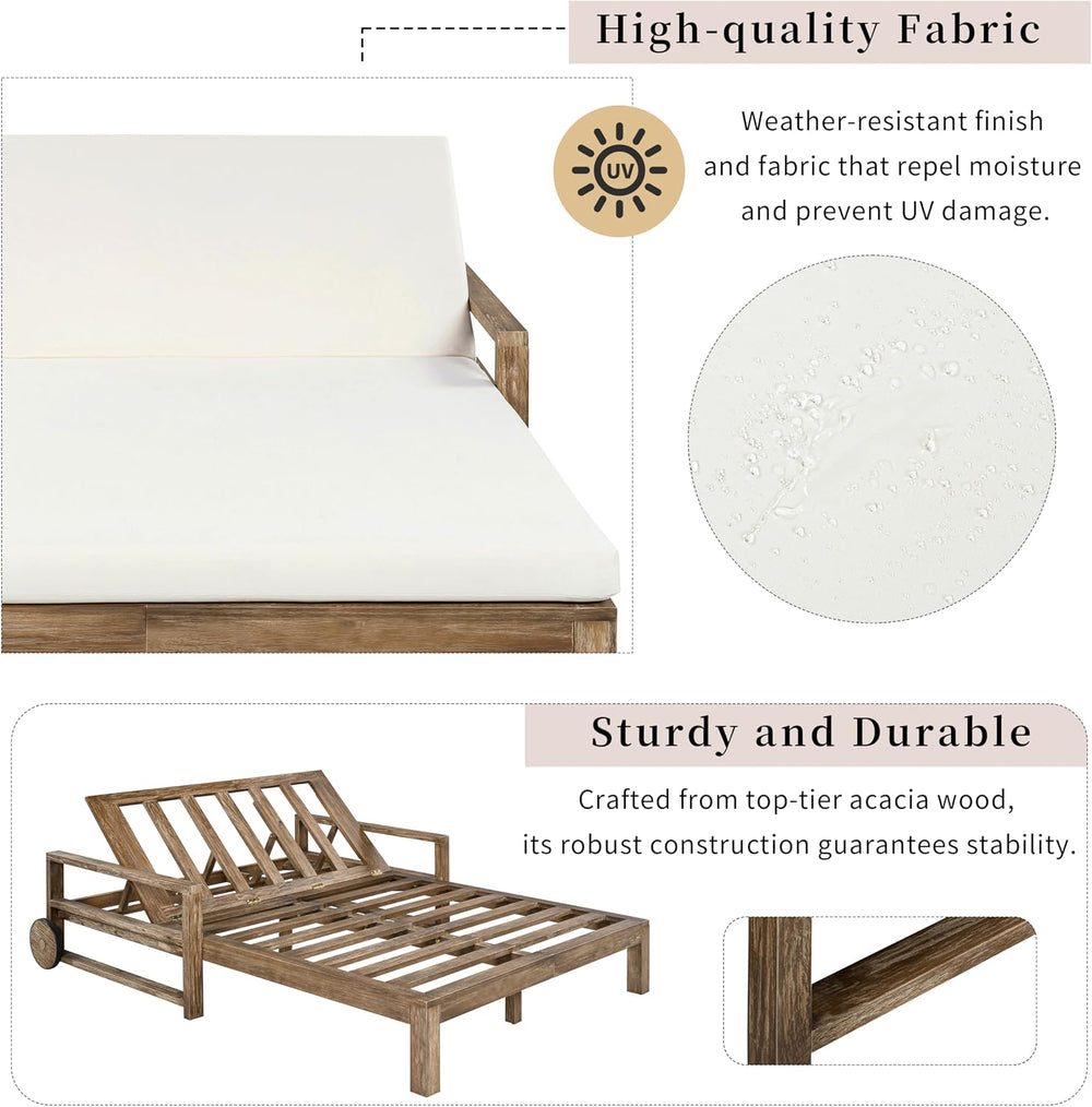 Farmhouse-Style Acacia Wood Outdoor Daybed for 2,Weather-Resistant Patio Loun...