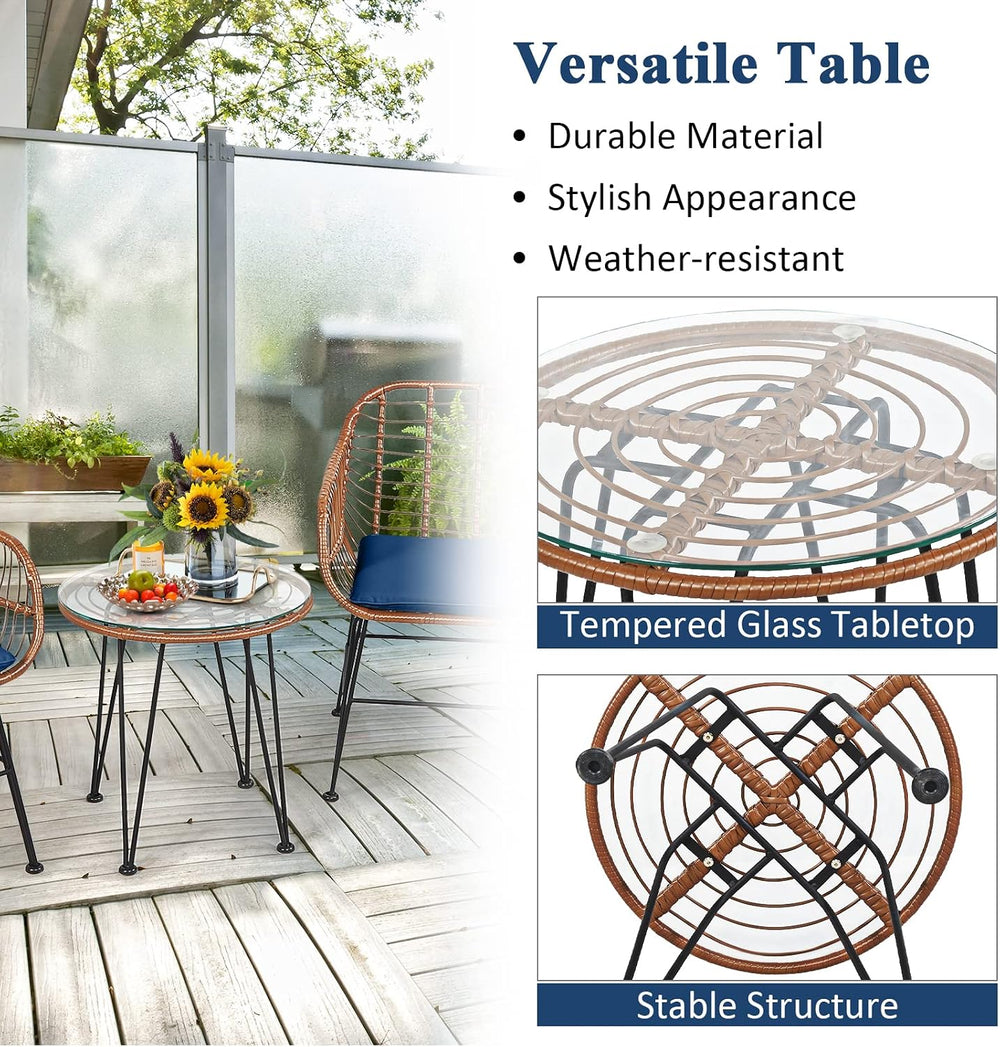Tangkula 3 Pieces Patio Conversation Bistro Set, Outdoor Wicker Furniture w/R...
