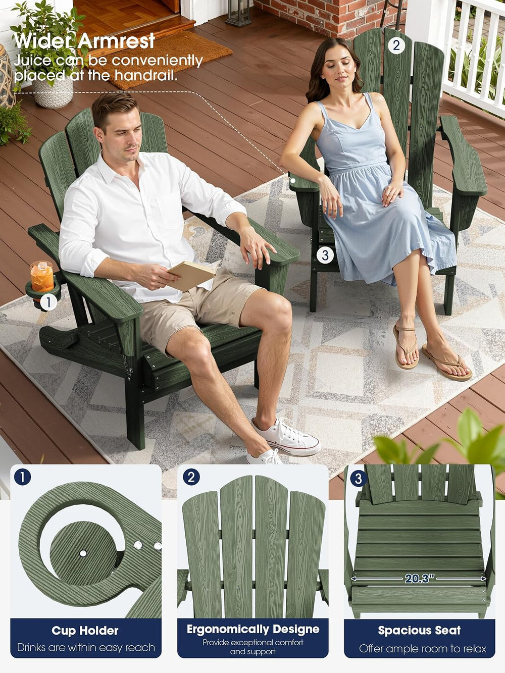 KINGYES Folding Adirondack Chair Set of 2 with Cup Holder, Avocado