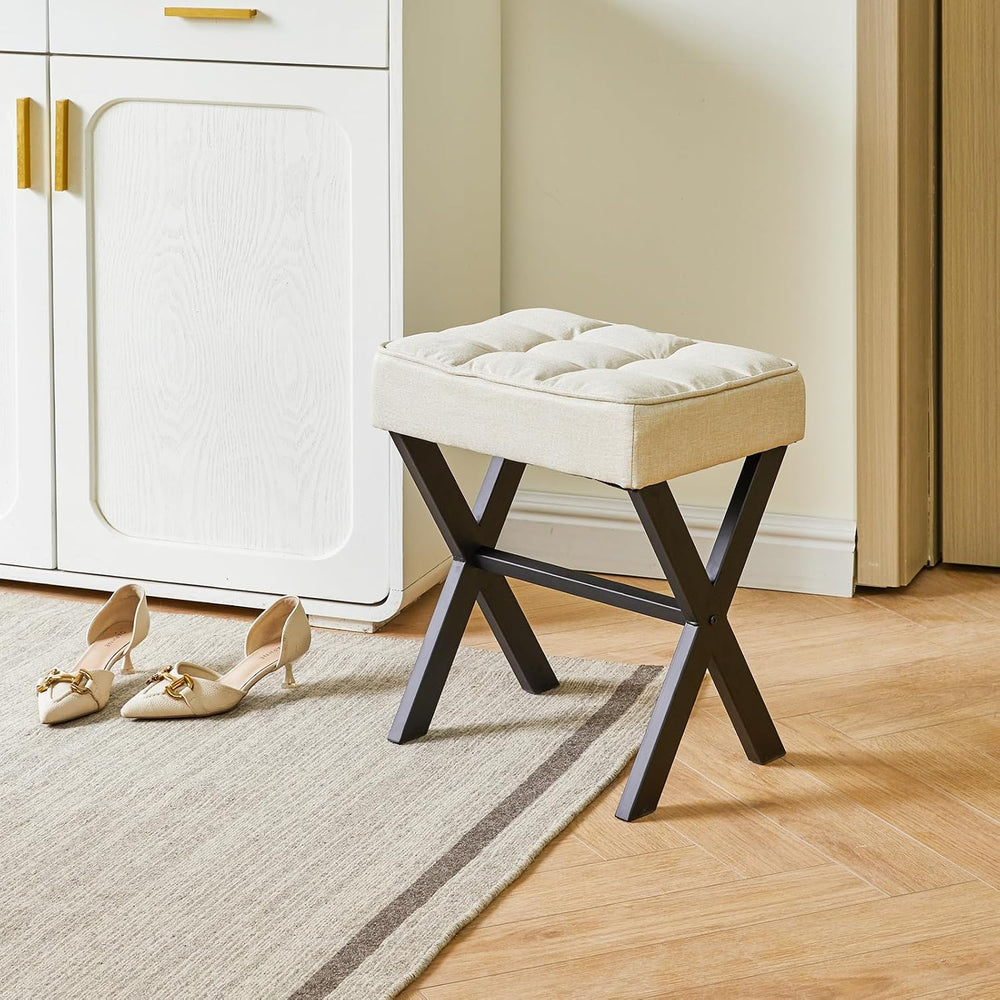 IBUYKE Square Makeup Stool with X-Leg, Linen Vanity Chair, Linen LG-70Y