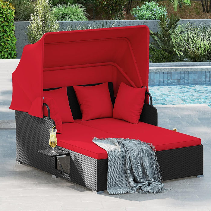 DREAMADE Outdoor Daybed with Canopy, 2 Person Rattan Patio Sunbed, Red