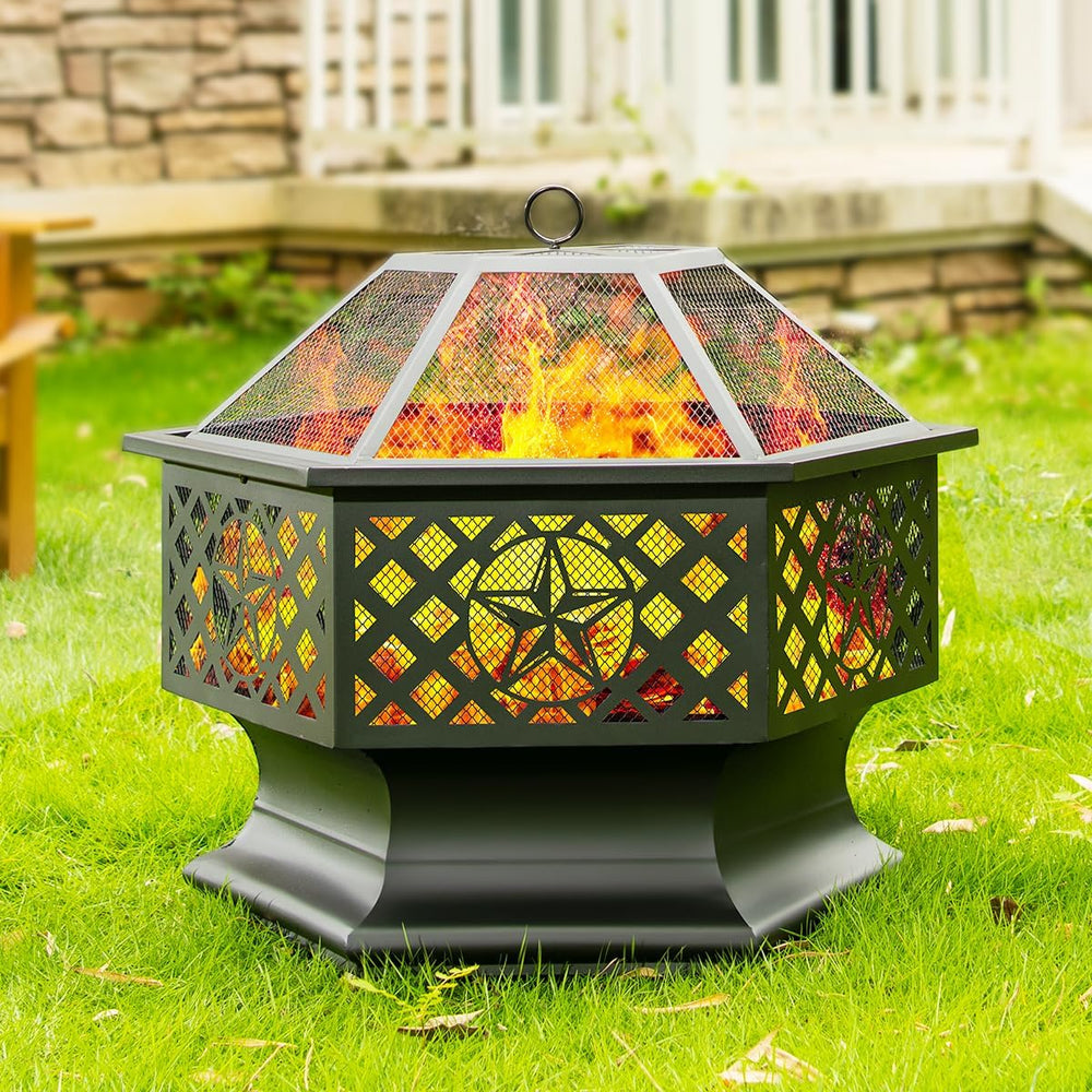 Panovue Outdoor 28 Inch Hex-Shaped Fire Pit with Spark Screen Black