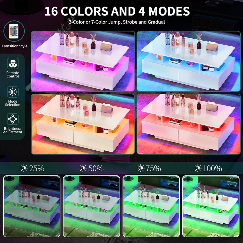 DWVO LED Coffee Table with Storage 4 Drawers, Modern High Glossy Coffee Table...
