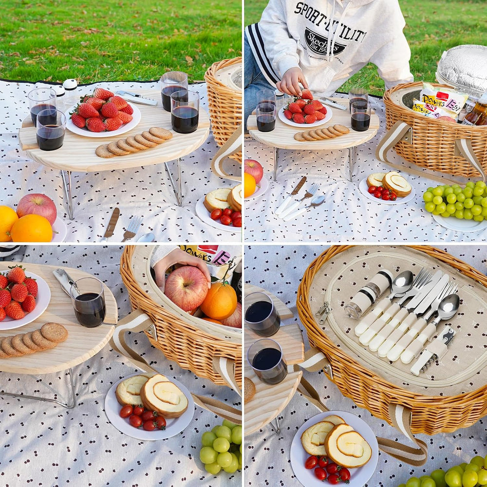 Wicker Picnic Baskets Set for 4 with Wine Table for Family, Beige