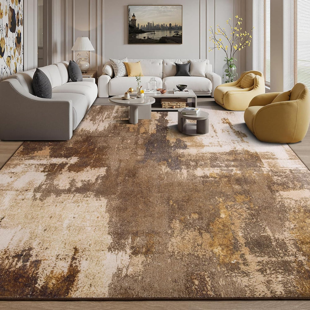 Kelarea Washable Area Rug 9x12, Non-Slip Low Pile Abstract Brown