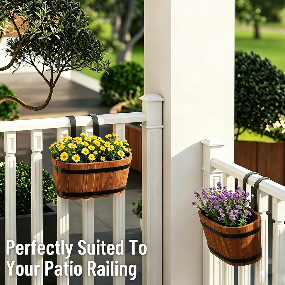 2-Pack Wooden Railing Planters, Hanging Flower Pots with Detachable Hooks for...
