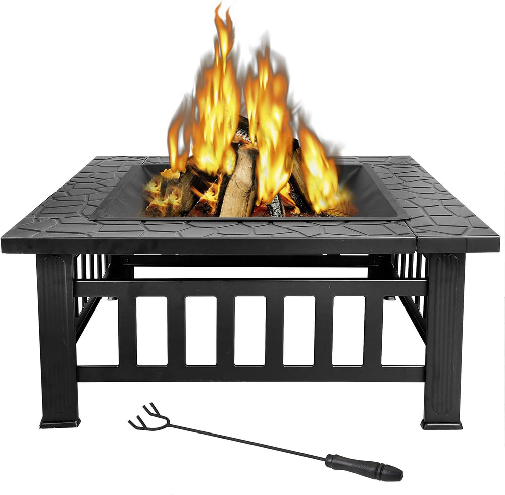 HomGarden 32" Fire Pit Outdoor Patio Square Metal Heater Deck Firepit Ba...