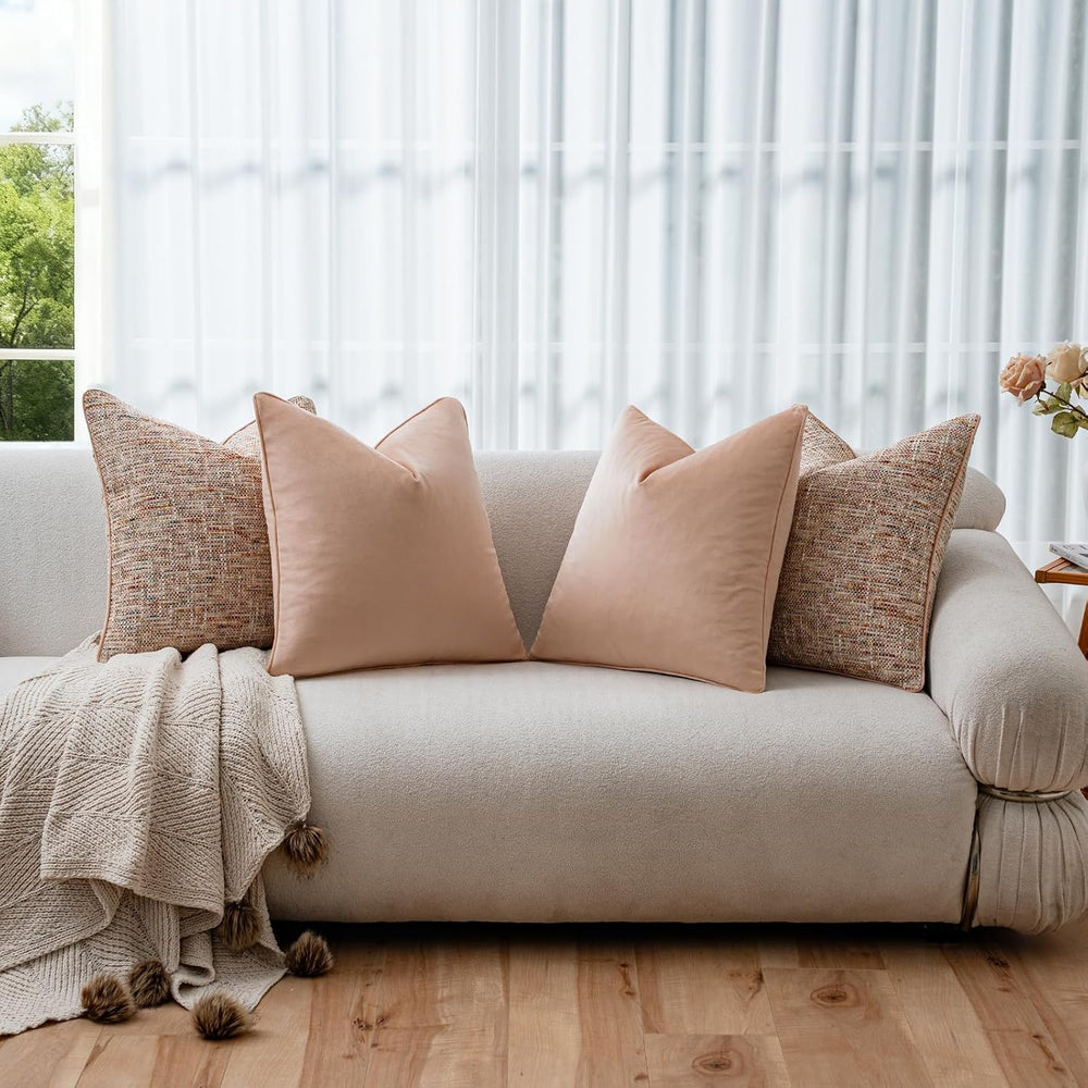 a moment Light Pink 4 Pack Throw Pillow Covers - Chenille & Velvet Set wi...